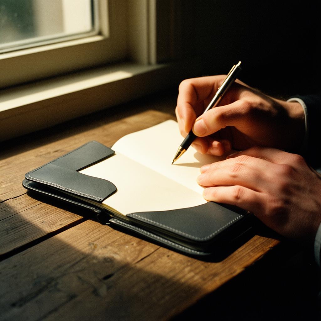 Hands writing in a leather notebook by window light